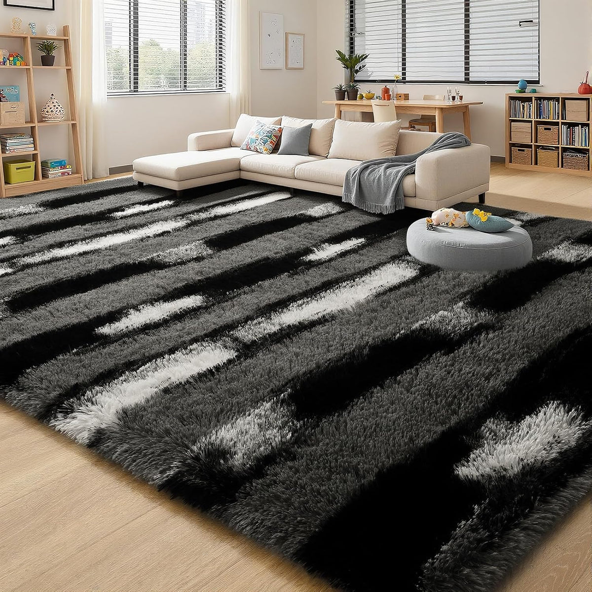 Fluffy Black and Grey Area Rug Striped