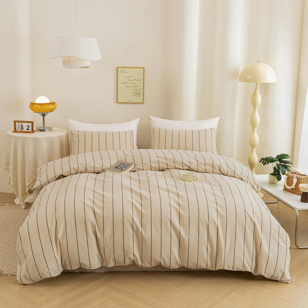 Cotton 3 Pcs Duvet Cover Set Linen Feel Vertical Stripe Queen