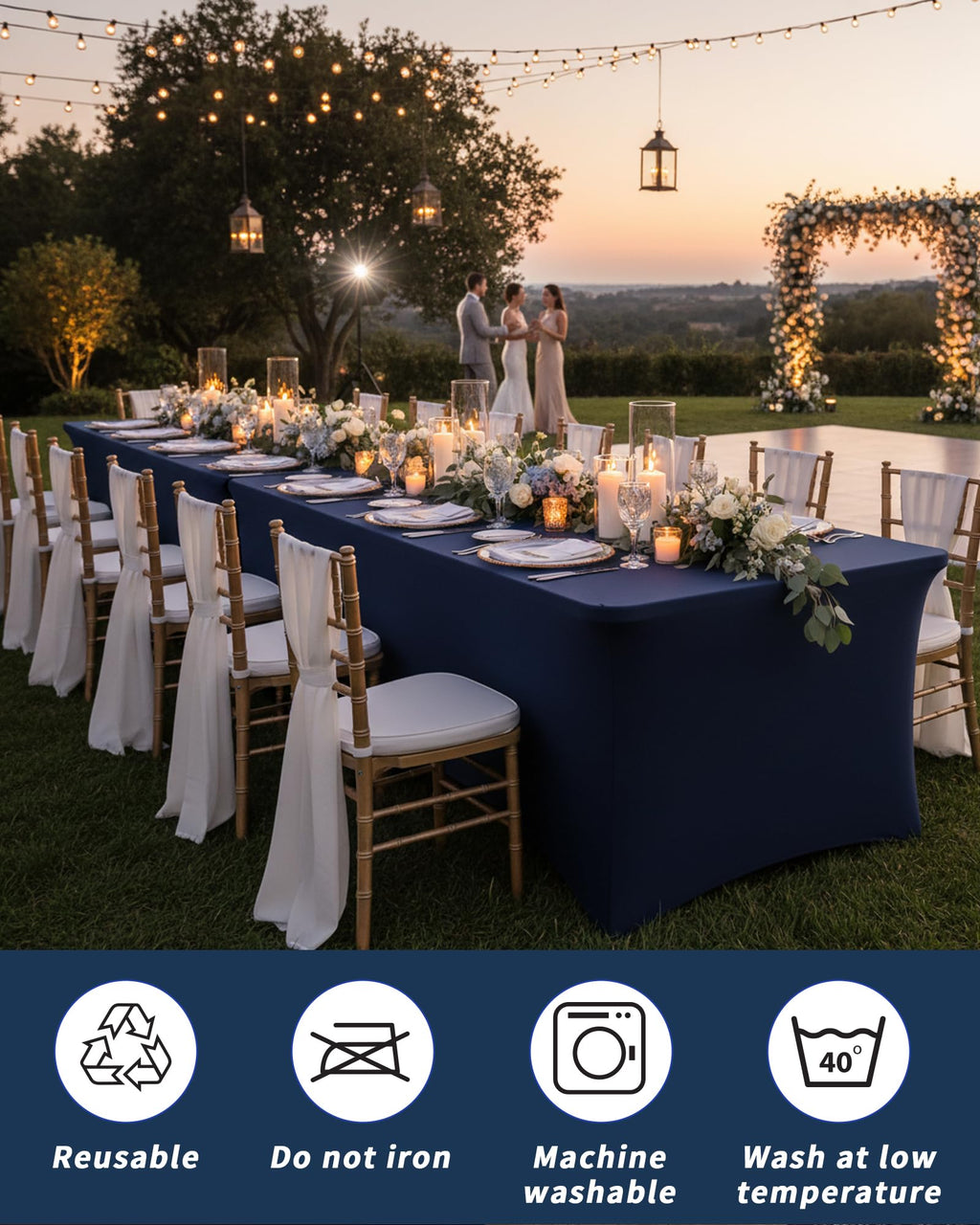 2 Pack 8FT Navy Blue Tablecloth Rectangle Spandex Table Cover