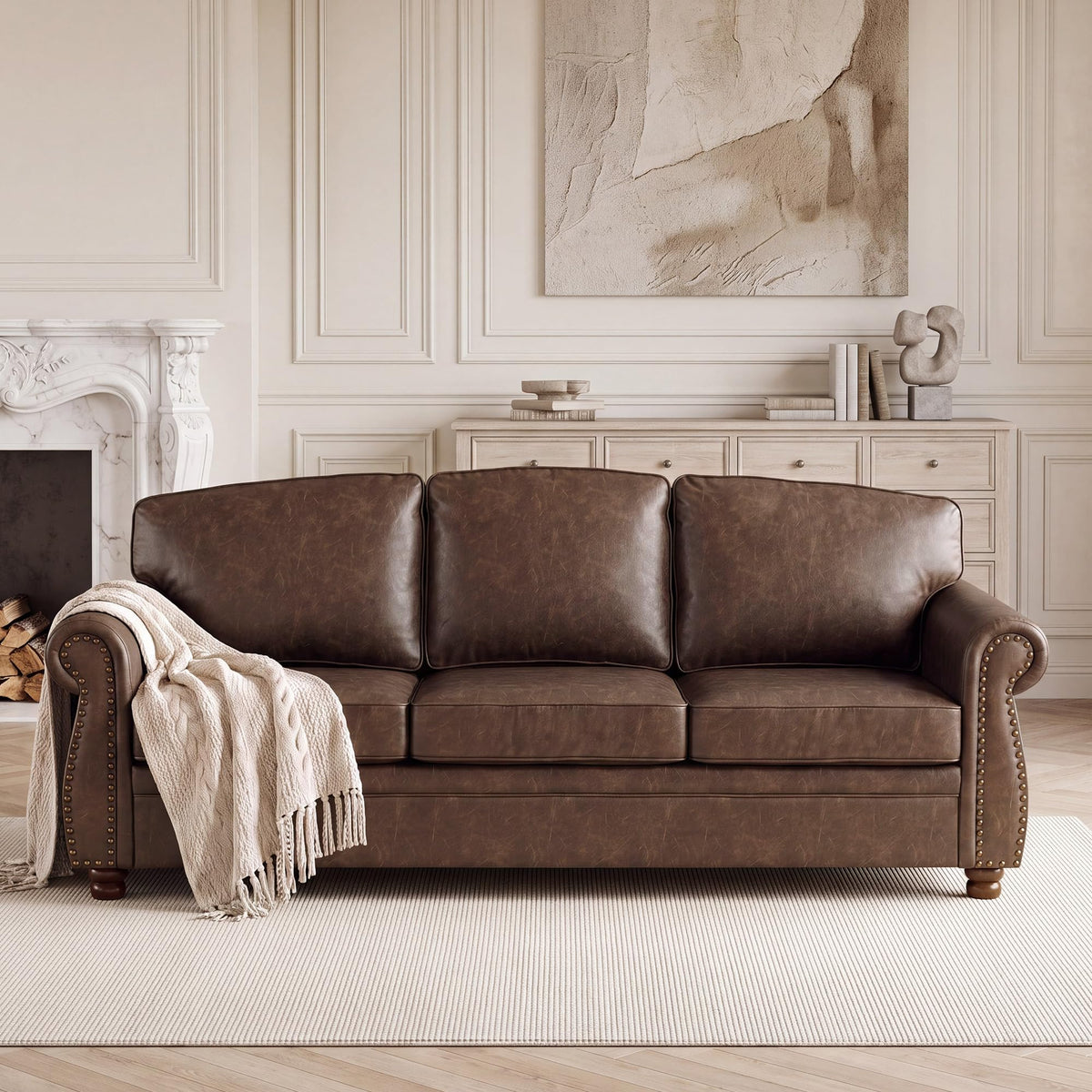 Traditional Faux Leather Couch Sofas, 91.3", Dark Brown