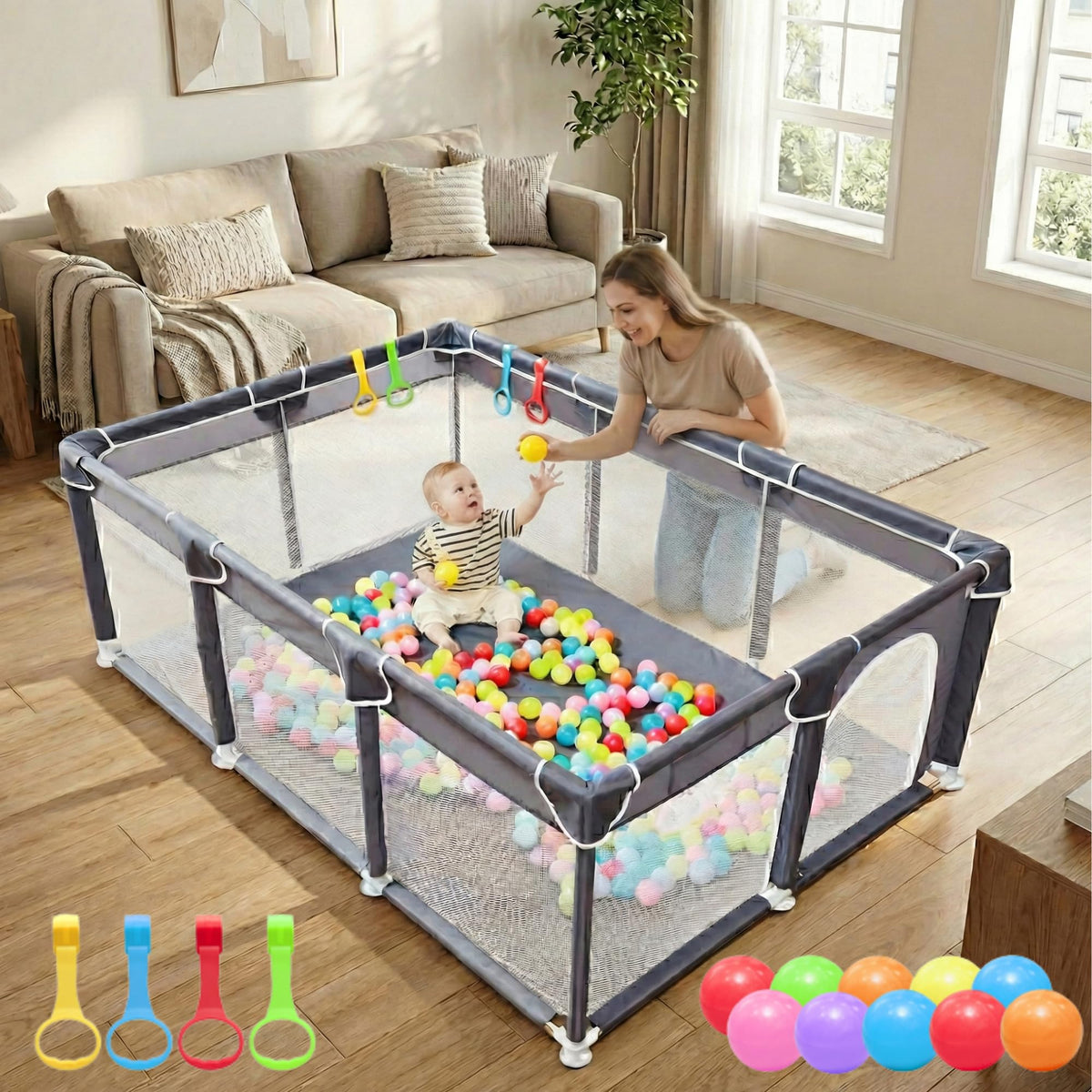 Baby Playpen 50x74, Large Baby Play Yard for Babies & Toddlers, Grey