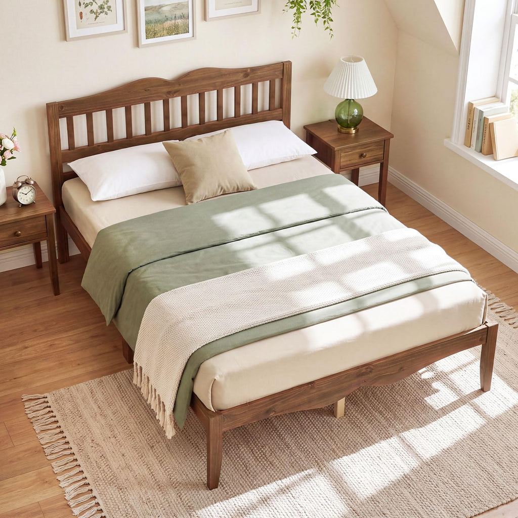 Full Size Wooden Bed Frame with Slatted Headboard, Walnut
