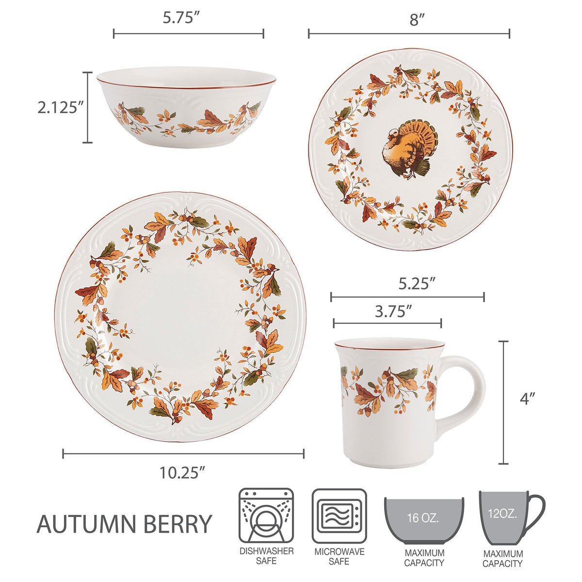 Autumn Berry 16 Piece Dinnerware Set, Service for 4, Multi Colored