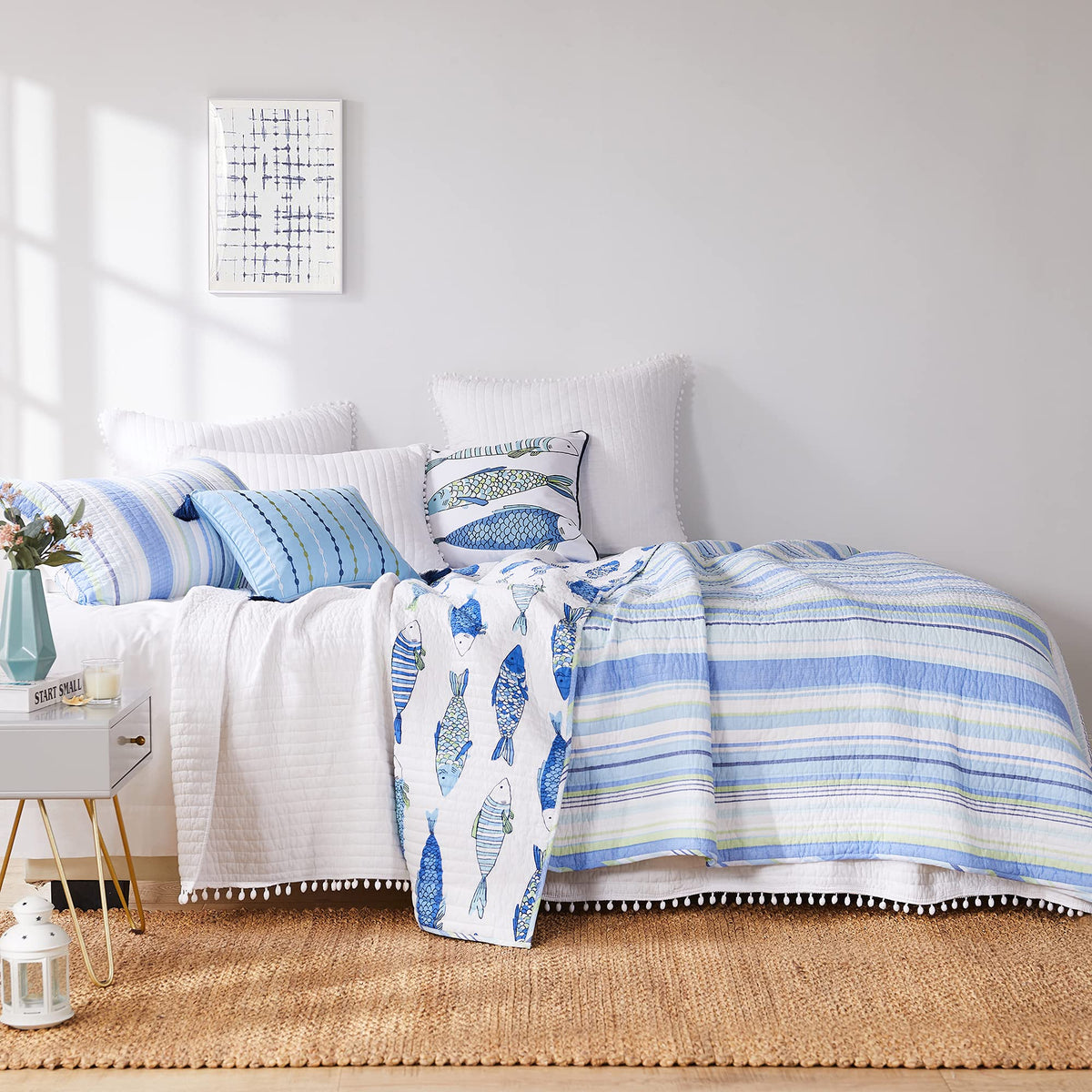 Catalina Quilt Set - Quilt (68x86in.) + One Standard Pillow Sham (26x20in.) - Striped Coastal Pattern in
