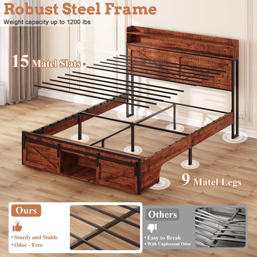 Bed Frame with Storage Headboard, Rustic Platform Bed Frames Under Bed Storage, Footboard Storage