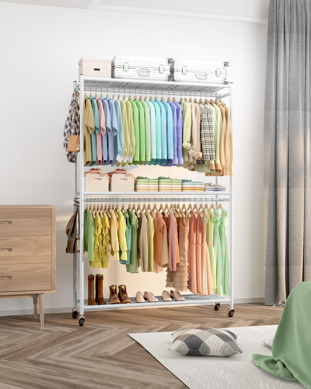 Clothes Rack - 45.2" x 12.2" x 79.5" Clothing Rack with Shelves & Wheels, Multi-Functional Wardrobe Closet with
