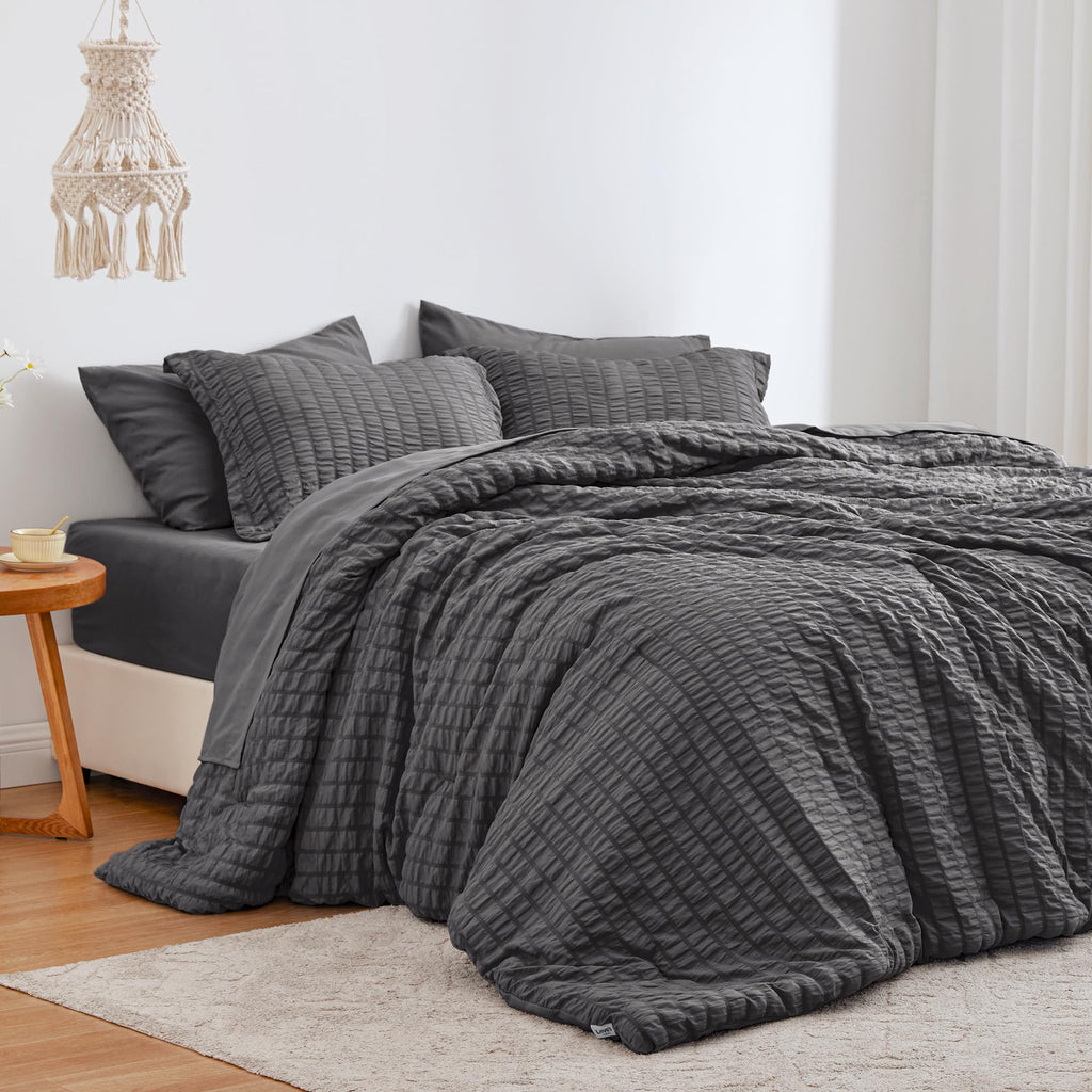 Seersucker Dark Grey California King Comforter Set, 7-Piece Bed in a Bag