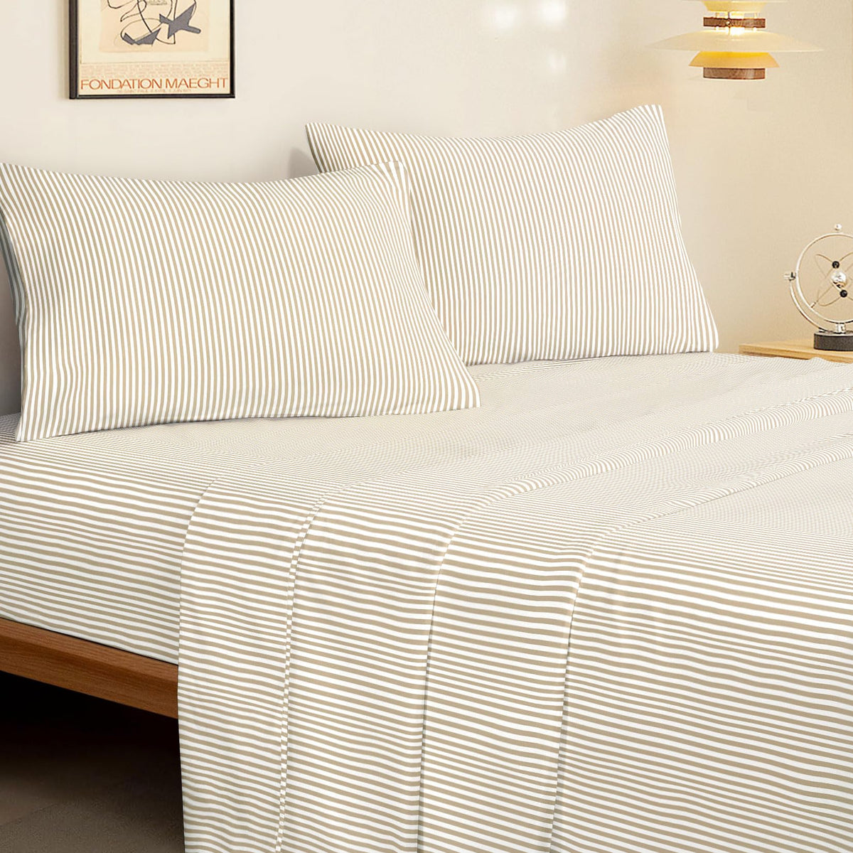 Striped Bed Sheets, 4-Piece Sheet Set, Ticking Vertical Pin Stripe Modern Farmhouse Pattern Printed Bedding, Deep