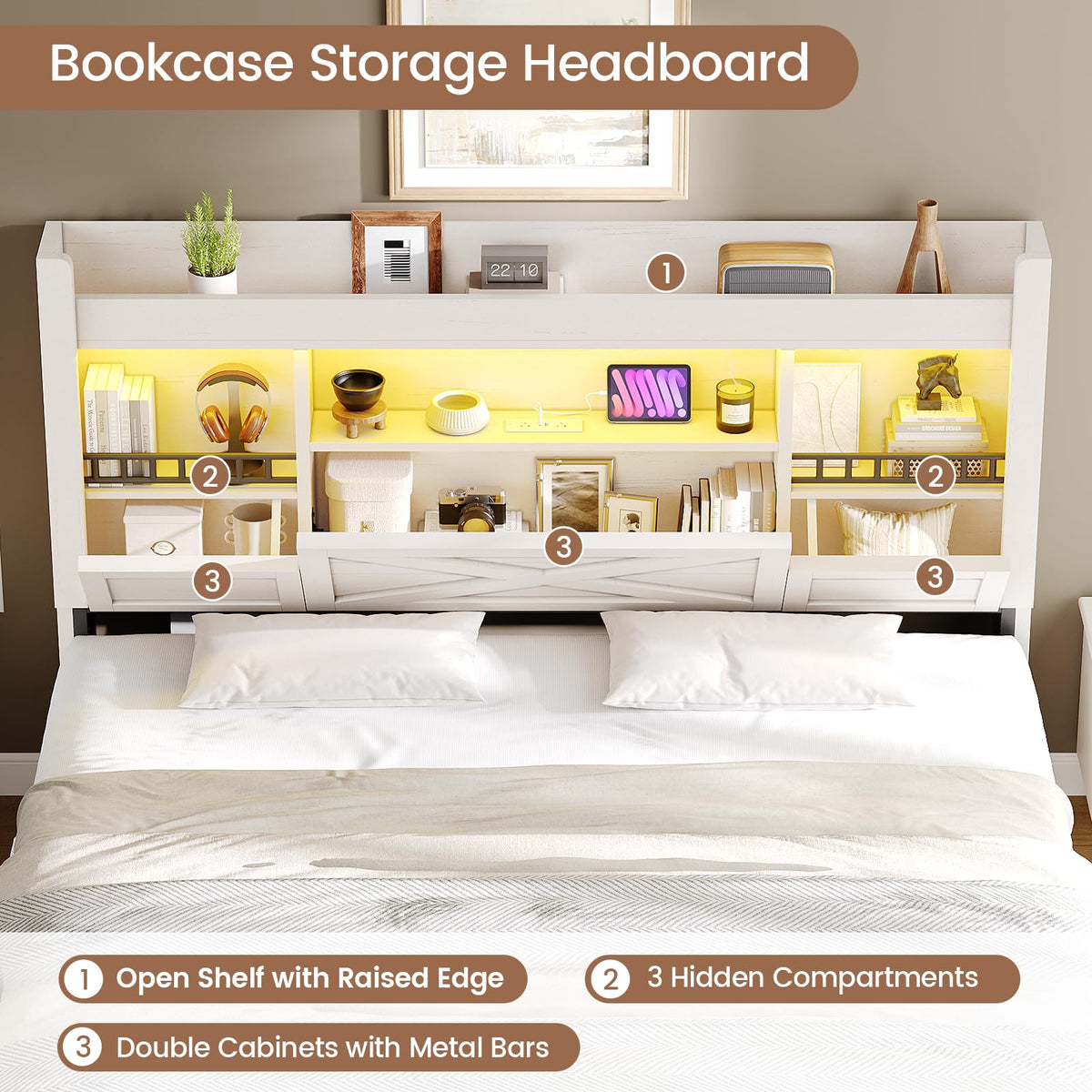 Farmhouse Bed Frame with Flip-Down Bookcase Storage Headboard and 4 Drawers, Rustic Wood Platform Bed Frame
