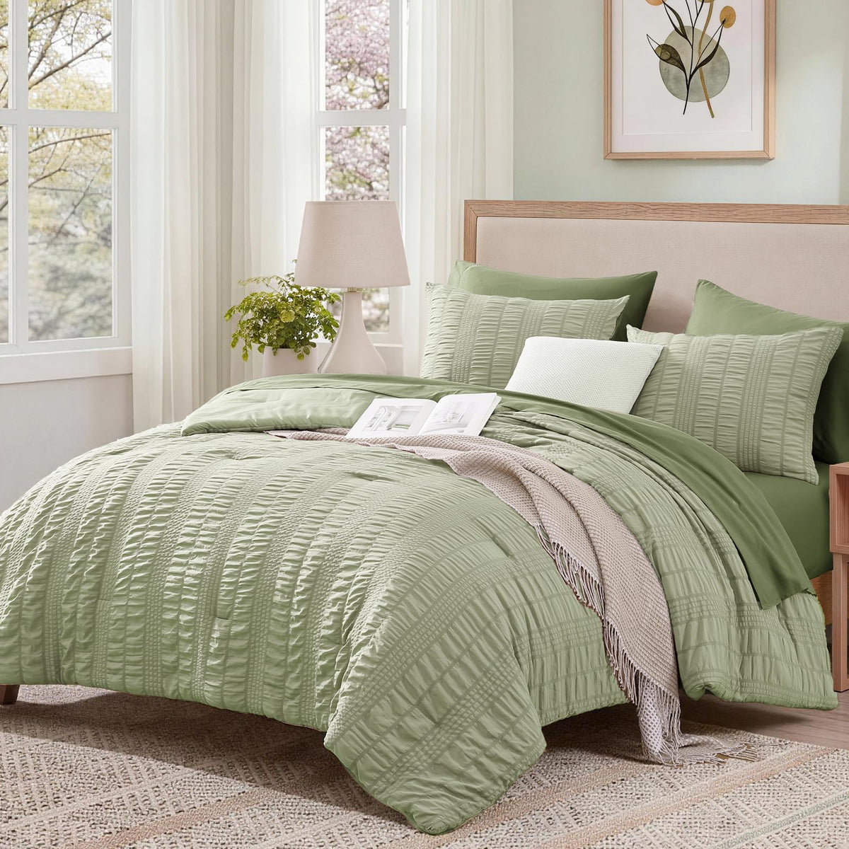 Full Size Comforter Set, 7 Pieces Sage Green Seersucker Bed in a Bag Full Size Soft All Seasons, Bedding Sets Full