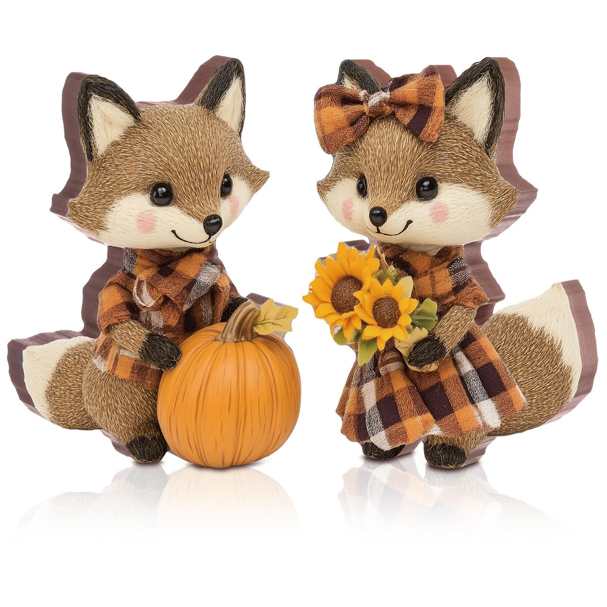 2 Pcs Fall Fox Figurines Wooden for Thanksgiving