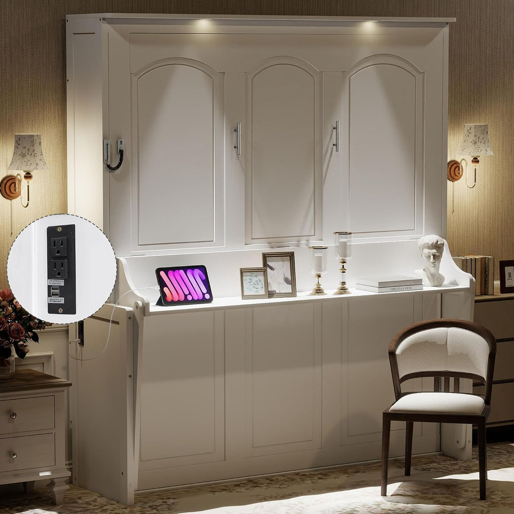 Queen Murphy Bed with Desk, LED Lights & USB Charging Station,Solid Wood Vertical Murphy Wall Bed Cabinet with Storage Shelves for Adults Bedroom Office Space-Saving (White,Queen)