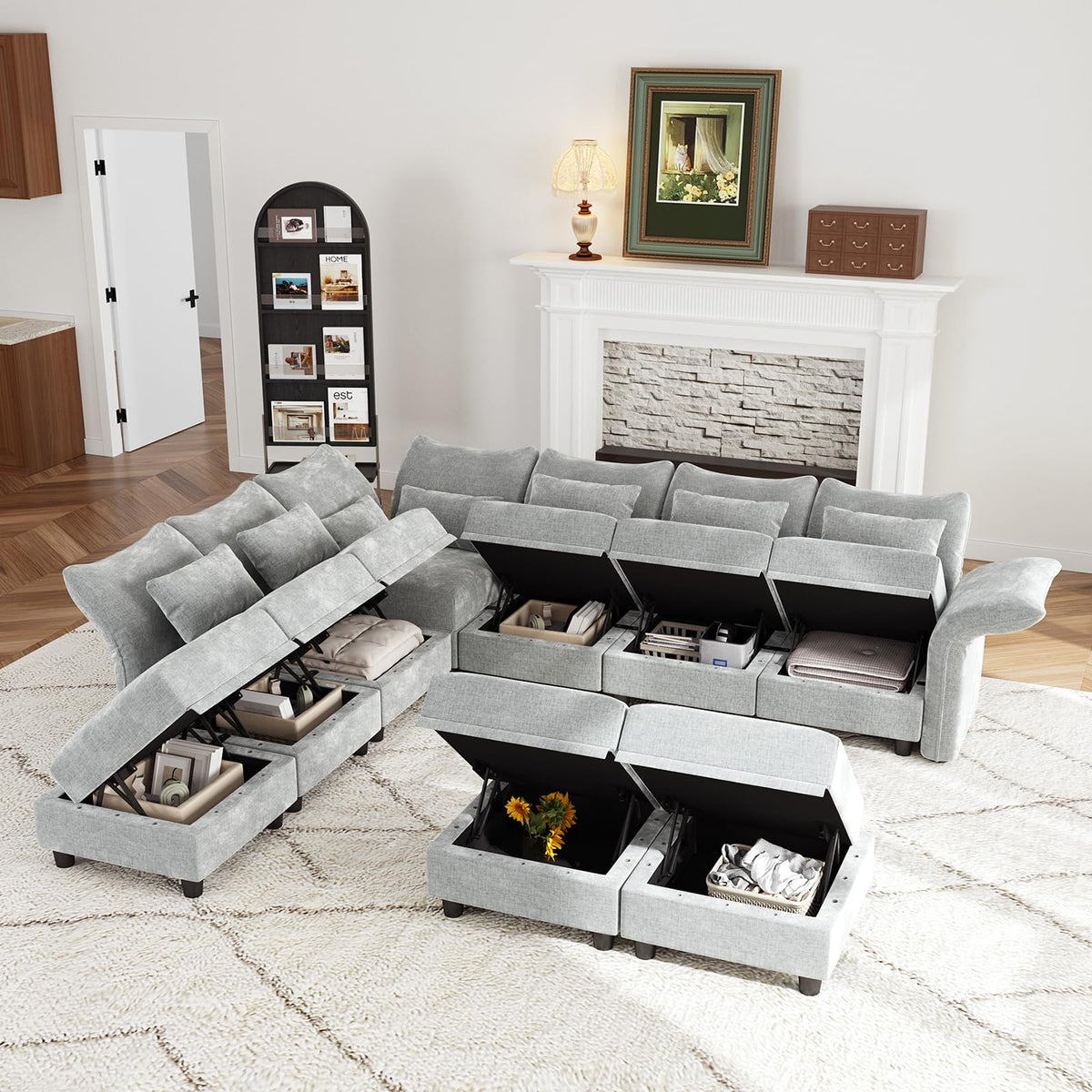 L Shaped Modular Sectional Sofa 9 Seater Sectional Couch with Storage Ottoman, Deep Sectional Sofas with Adjustable