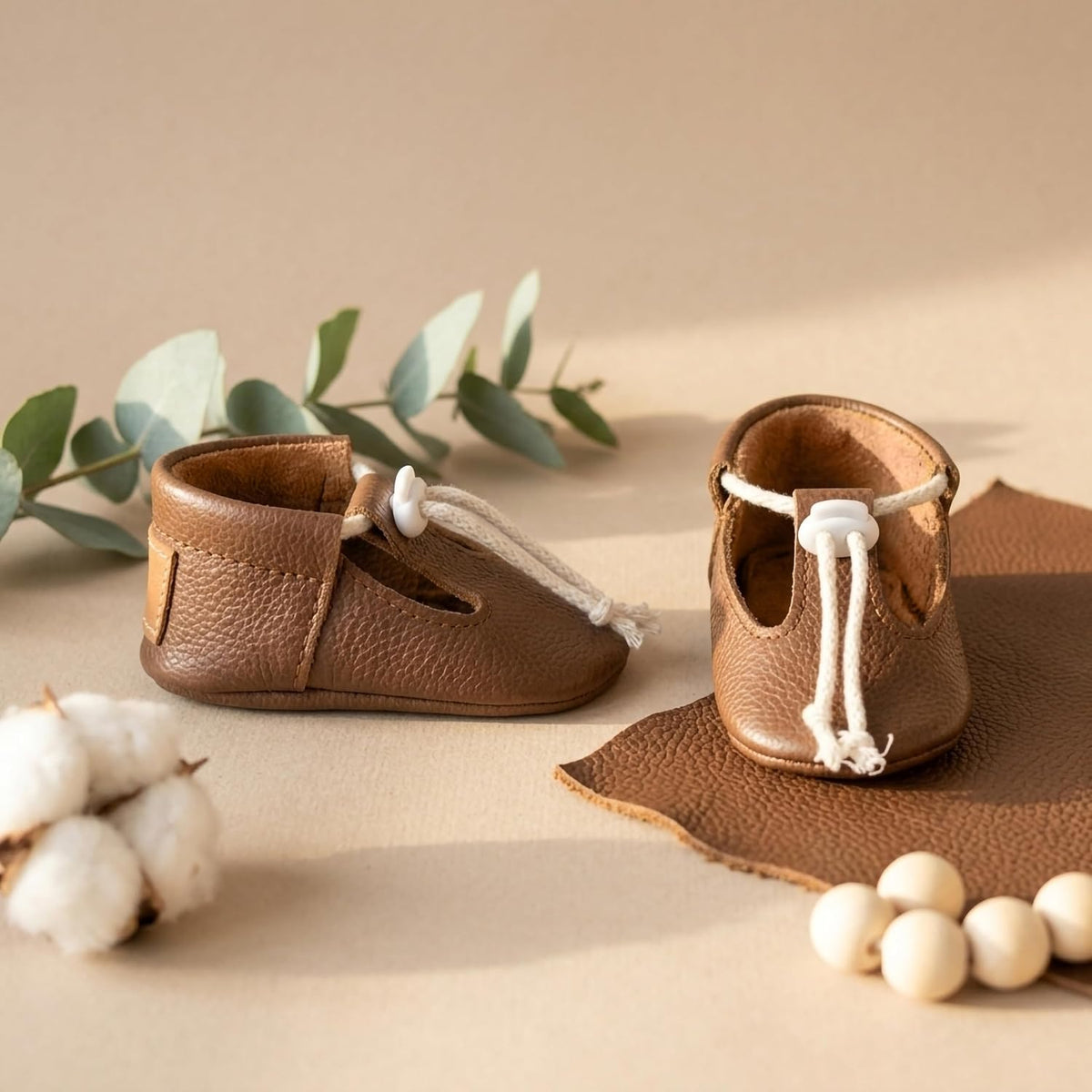 Unisex Brown Genuine Leather Baby Shoes Soft Sole Crib Booties