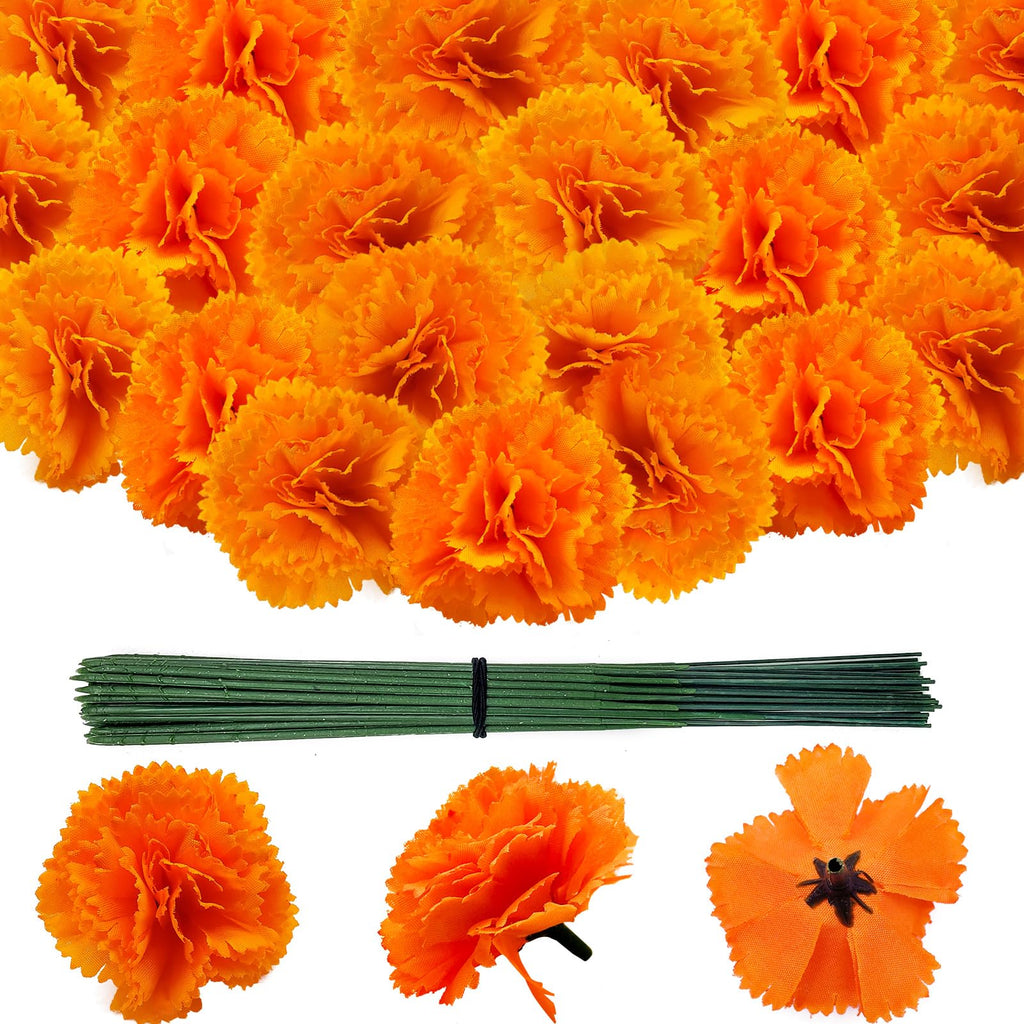 100 Pcs Marigold Flowers Heads with Floral Stems, Silk Orange Artificial Flowers for Diwali Day of The Dead DIY