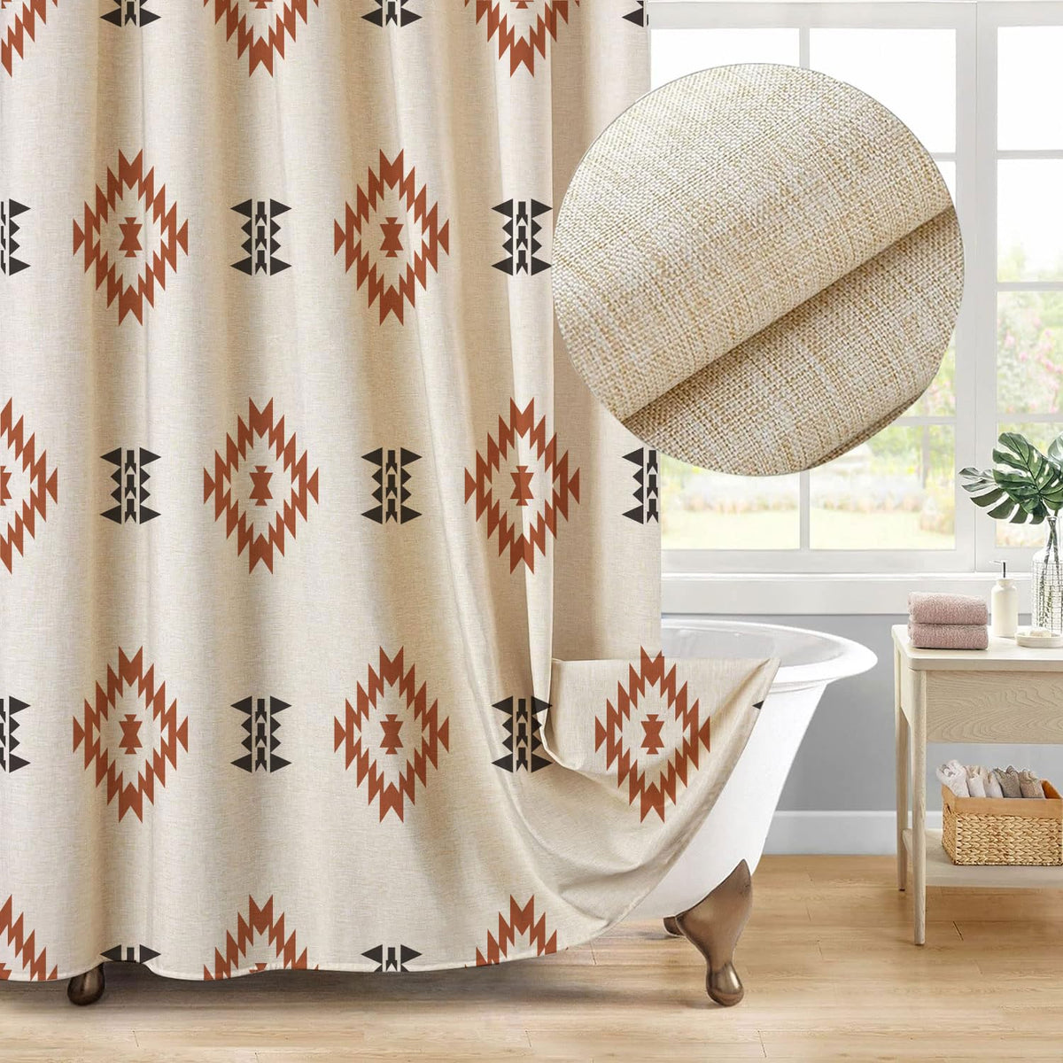 Southwest Linen Shower Curtain Aztec Geometric Stripes Fabric Shower Curtain Set with Hooks, Boho Western Shower