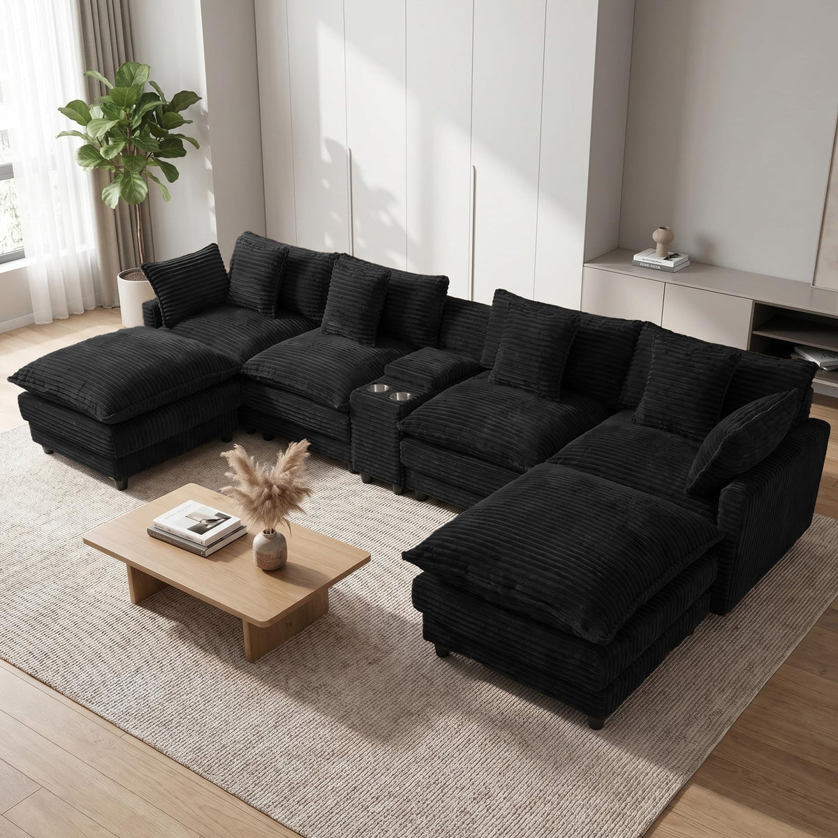 143" Oversized U Shaped Cloud Couch Sectional Sofa with 2 Ottoman, Black