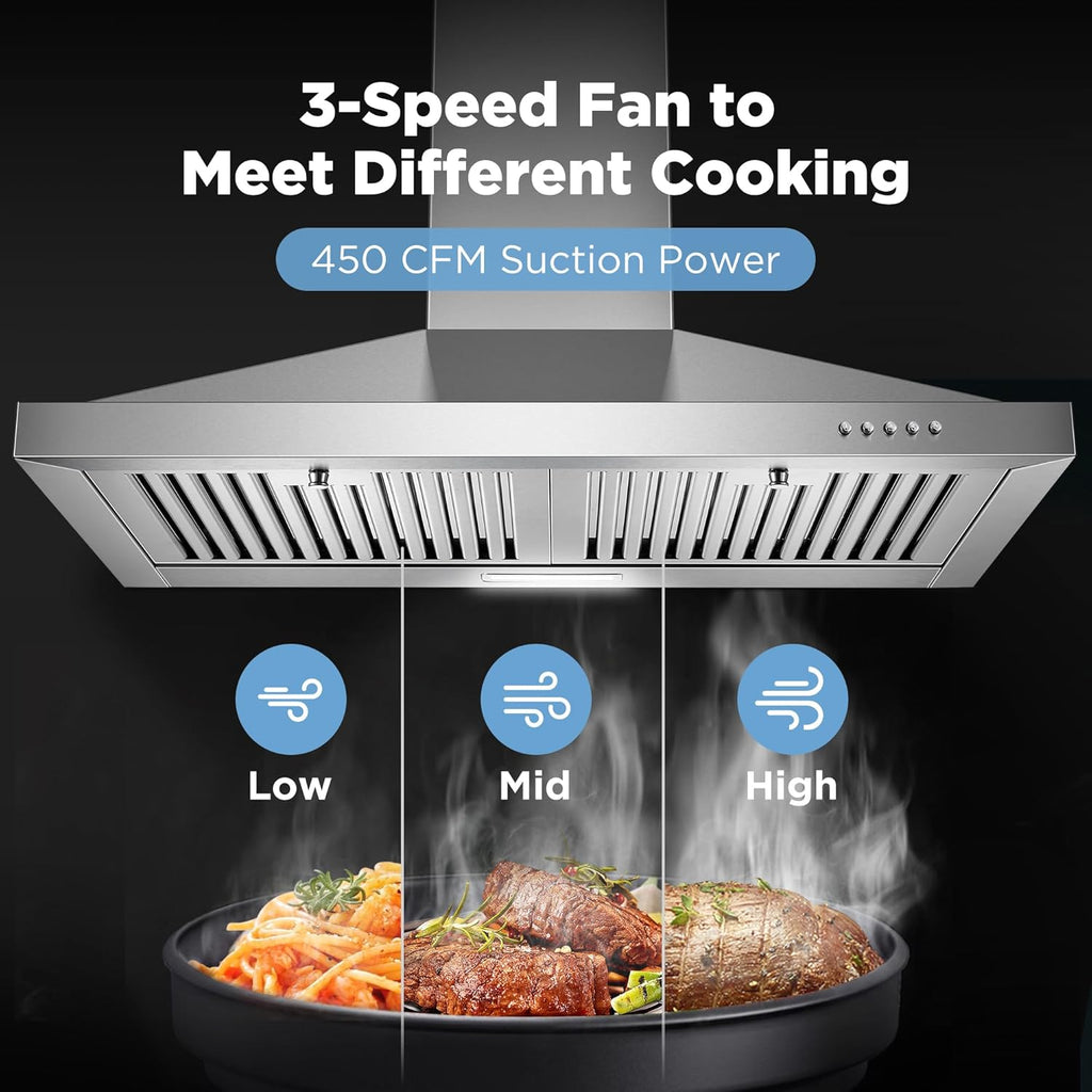 30 Inch Stainless Steel Wall Mount Range Hood 3 Speed Push Button Control, LED Lights, Baffle Filters, Convertible Ducted/Ductless