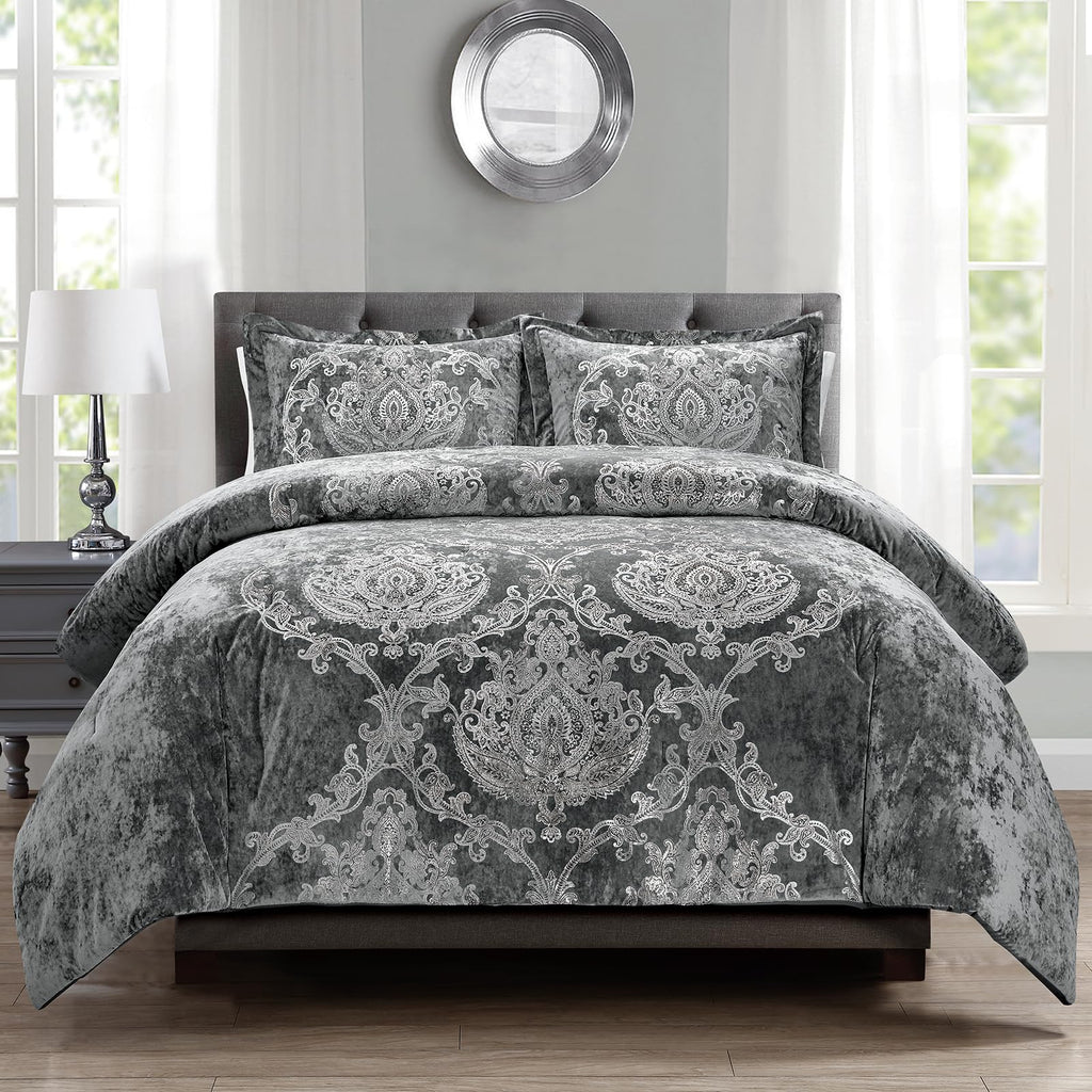 Metallic Print Comforter Set, Distressed Velvet Face with Metallic Foil Print and Brushed Solid Microfiber Reverse