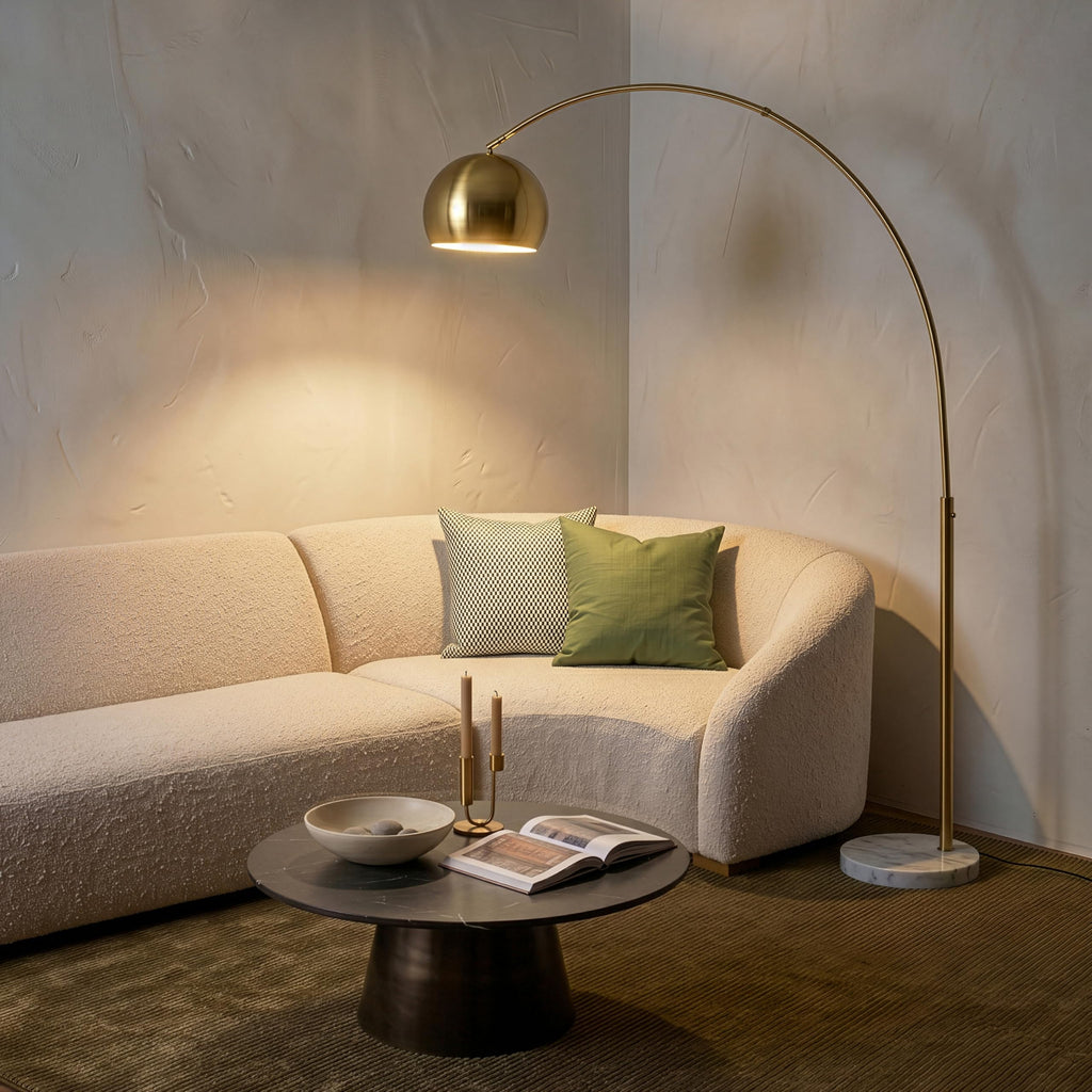 Inspired Arco Style Olivia Floor Lamp - Chic Arc Lamp with Rounded Spolight Head and Marble Base, Tall Standing Lamp with LED Light Bulb
