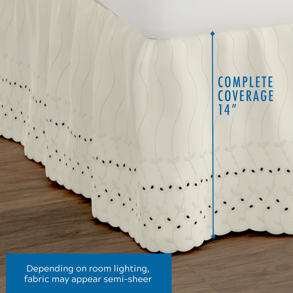 Eyelet Bed Skirt, Ruffled Design, 14 Inch Drop, Embroidered Scalloped Edge, Ivory