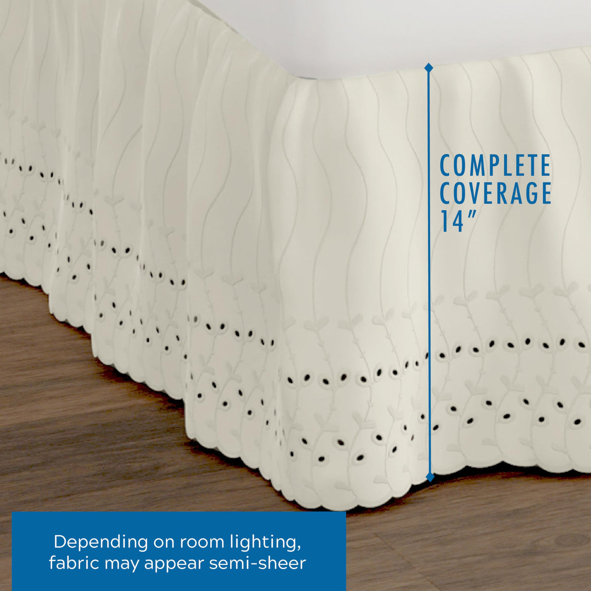 Eyelet Bed Skirt, Ruffled Design, 14 Inch Drop, Embroidered Scalloped Edge, Ivory