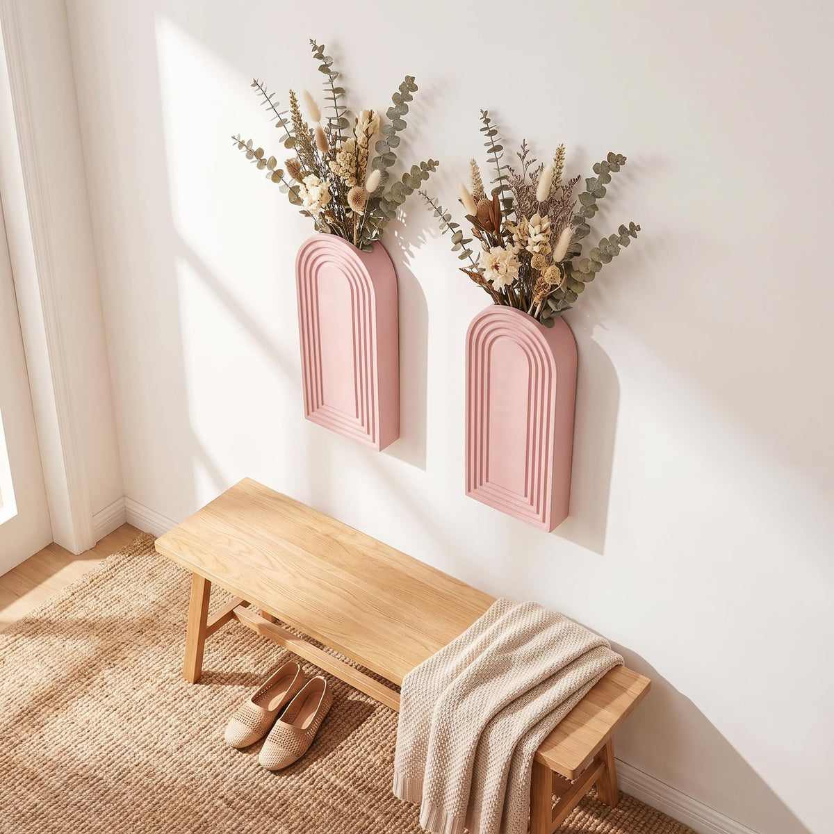 2 Pack Wooden Wall Vase Set - Pink Finish Modern Farmhouse & Boho Wall Decor, Narrow Spaces