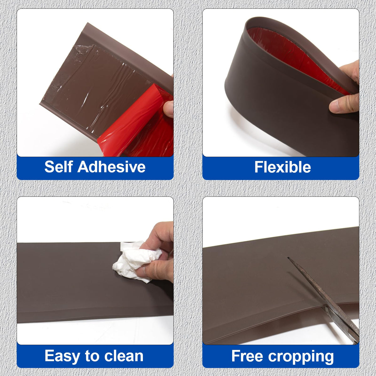 Peel and Stick Rubber Baseboard Trim, 6 Inch x 20 Feet, Brown, S152