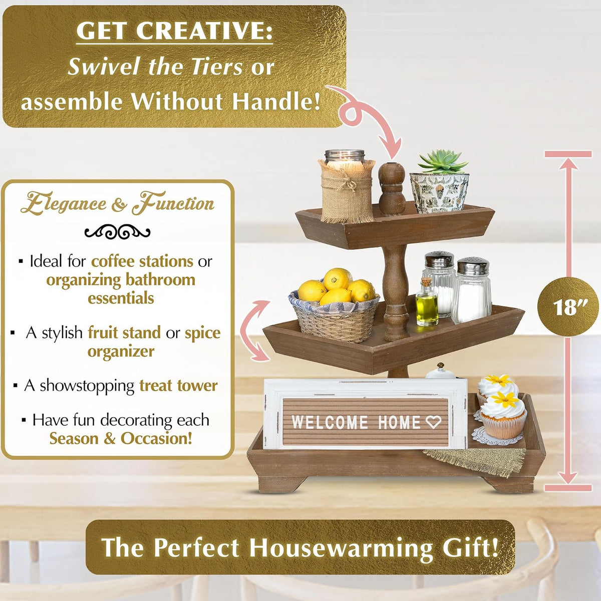 3 Tier Serving Tray [3 in 1] - Gorgeous Coffee Table Tray [Includes 3 Changeable Handles] - Can Assemble into a 1, 2