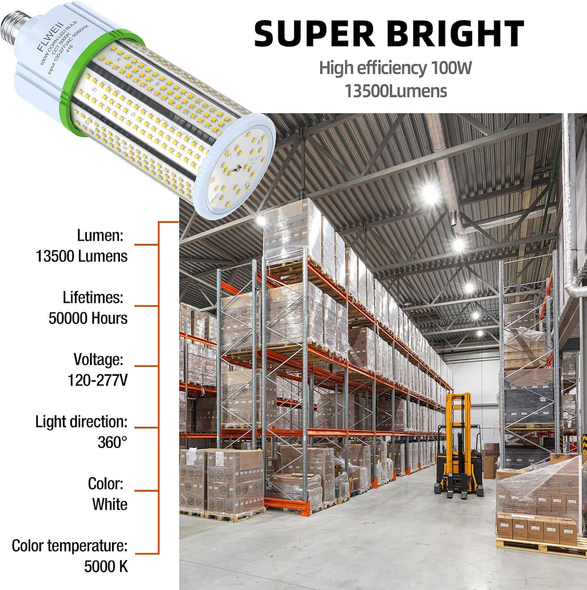 100W LED Corn Light Bulb, E26/E39 led Bulb Large Mogul Base, 110/277v 5000K Daylight White Lamp, 13500 Lumen