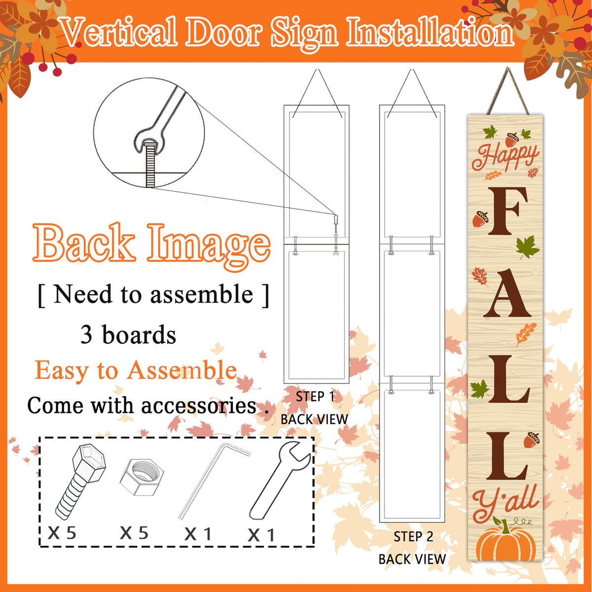 Happy Fall Sign Autumn Front Door Hanging Decor Welcome Sign Wooden Vertical Indoor Outdoor Standing Sign For Garden