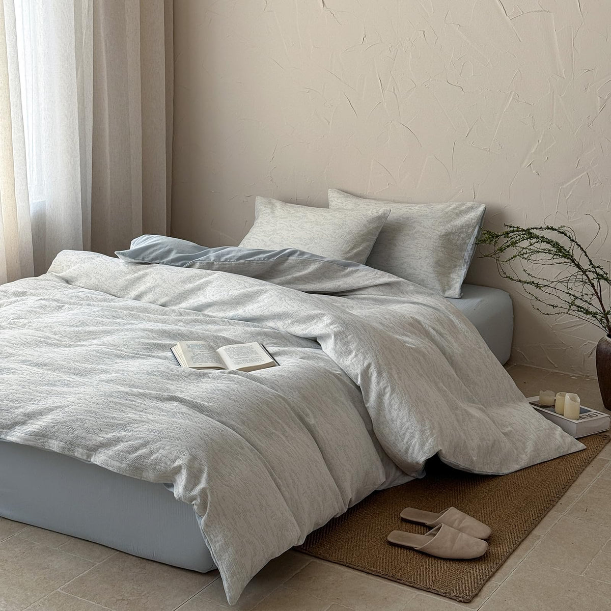 Minimalist Light Blue Duvet Cover Set Chic Cotton Jacquard Bedding