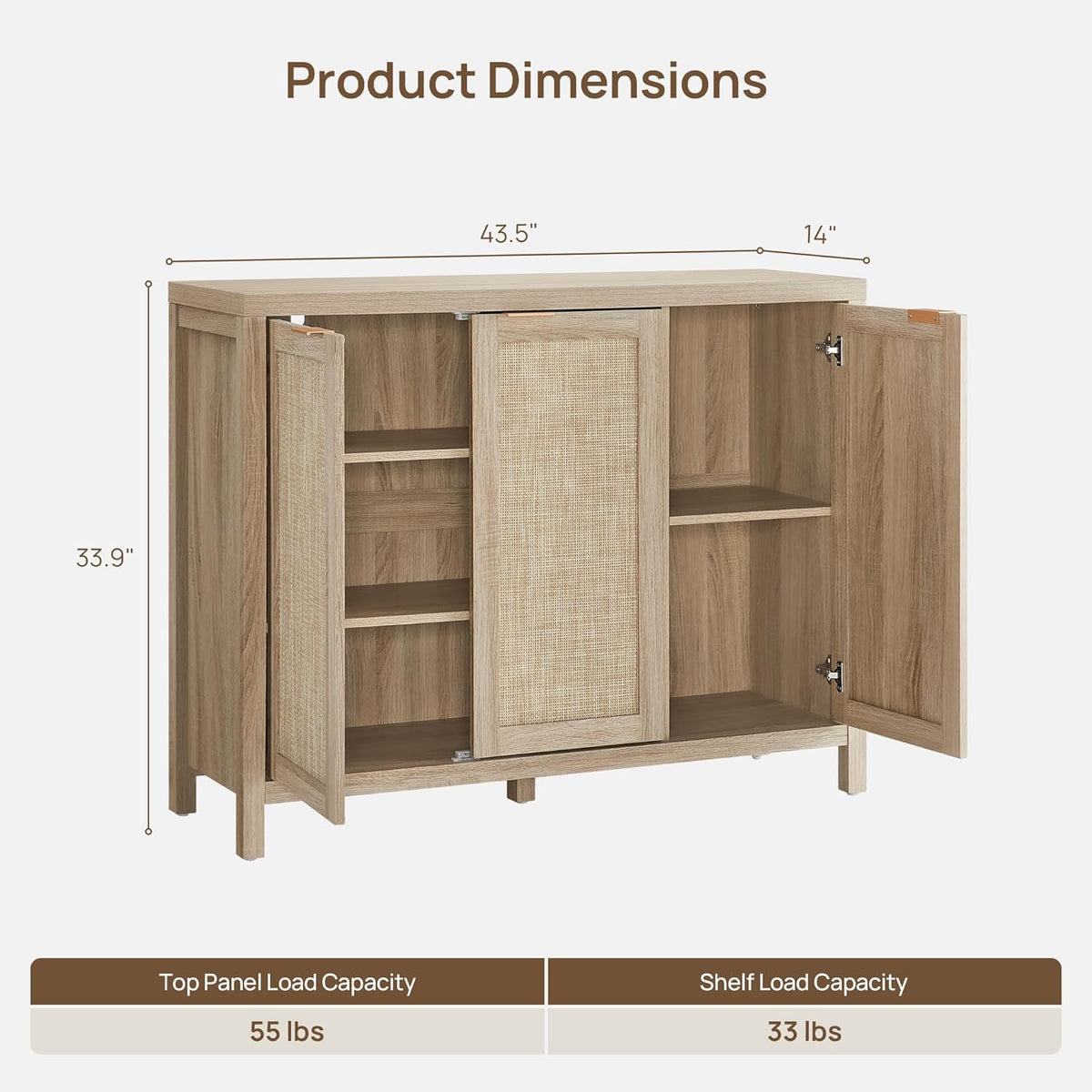 Rattan Buffet Cabinet with Storage 43.5" Sideboard Cabinet with 3 Doors & Adjustable Shelves Wood Sideboard Credenza