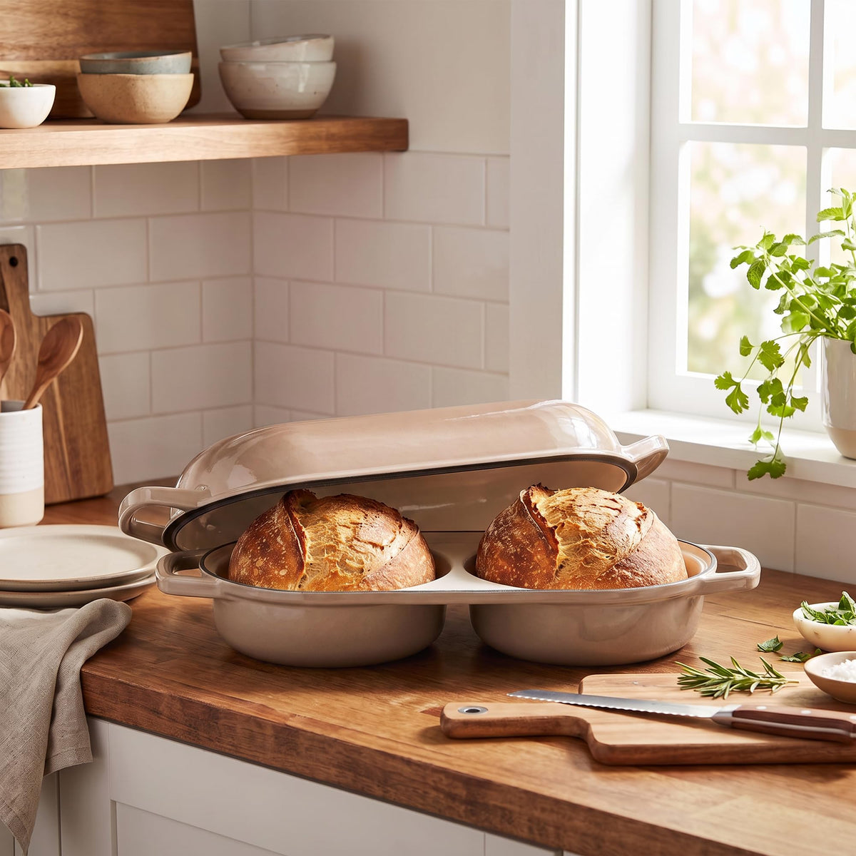 Enameled Cast Iron Double Bread Dutch Oven, Mocha