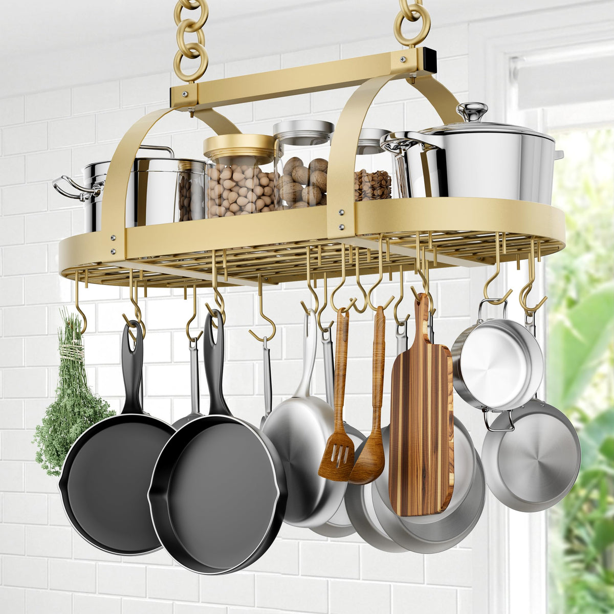 Gold 34 Inch Hanging Pot Rack, 100 LBS Capacity Heavy Duty Oval Pot and Pan Hanging Rack Ceiling Mount, Pot Pan