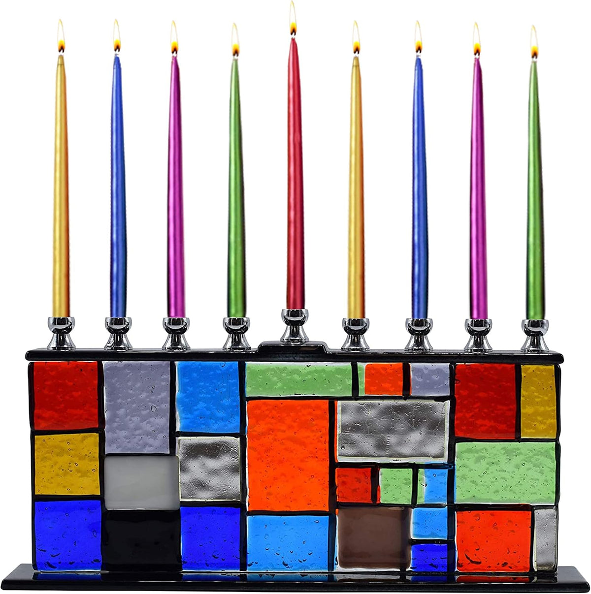 Glass Hanukkah - Wall of Unity Multicolored Chanukah - Handcrafted Painted Glass - Fits All Standard Candles