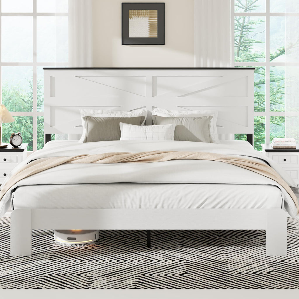 Farmhouse King Size Bed Frame with Barn Door Headboard, Boho White Wooden Platform Bed with Strong Metal Slat