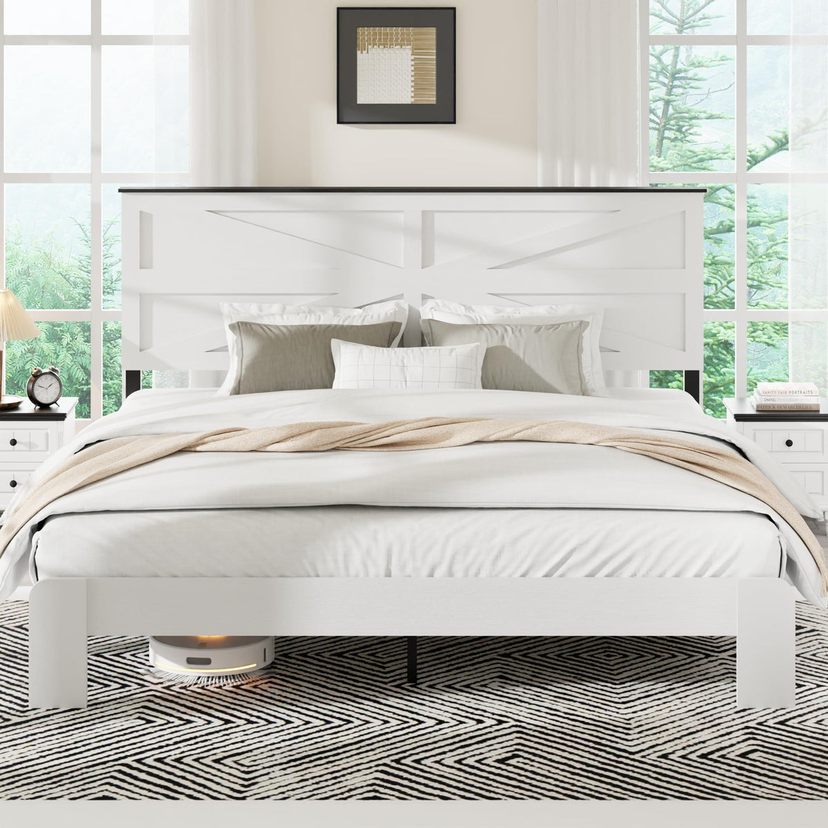 Farmhouse King Size Bed Frame with Barn Door Headboard, Boho White Wooden Platform Bed with Strong Metal Slat