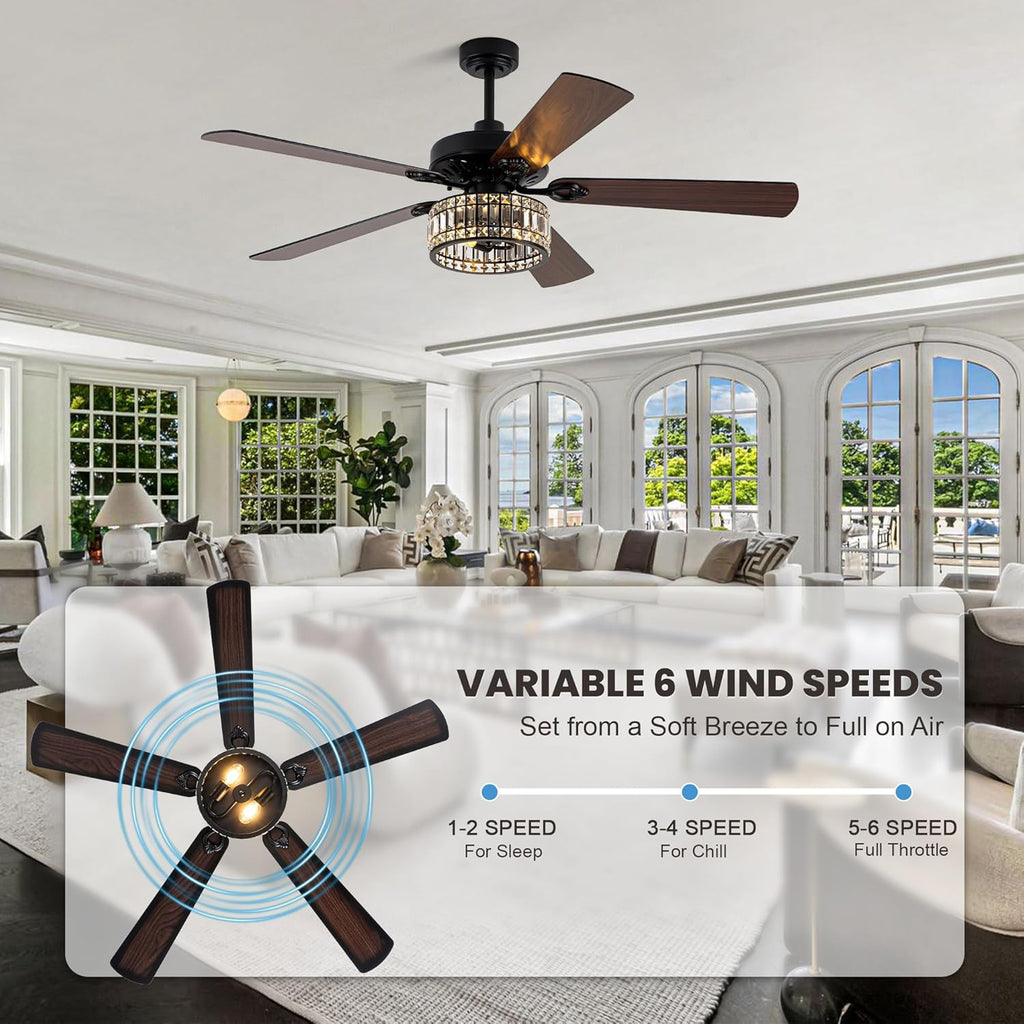 60" Black Crystal Ceiling Fan with Light