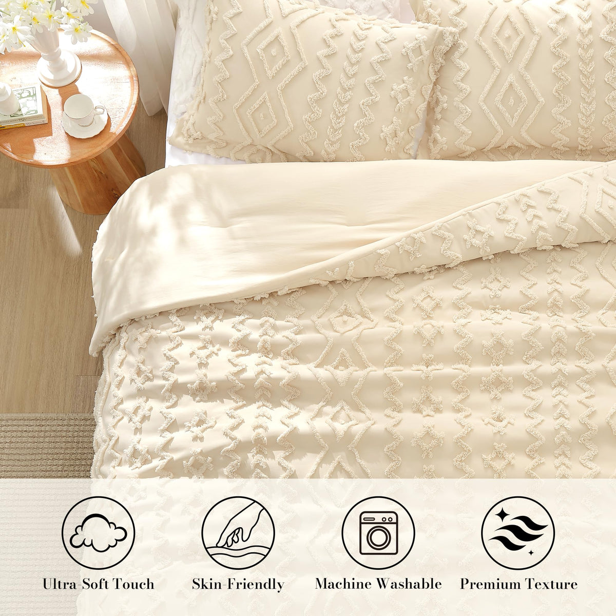 Tufted Boho Comforter Set Twin Size, 2 Pieces Soft Textured Bed Set, Lightweight Breathable Comforter for All