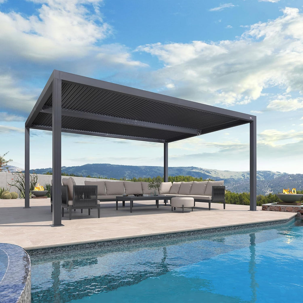 LED Louvered Pergola 94AS 12'x 16' Full Aluminum Frame and Adjustable Roof Integrated Strip Lights Deck Garden Patio