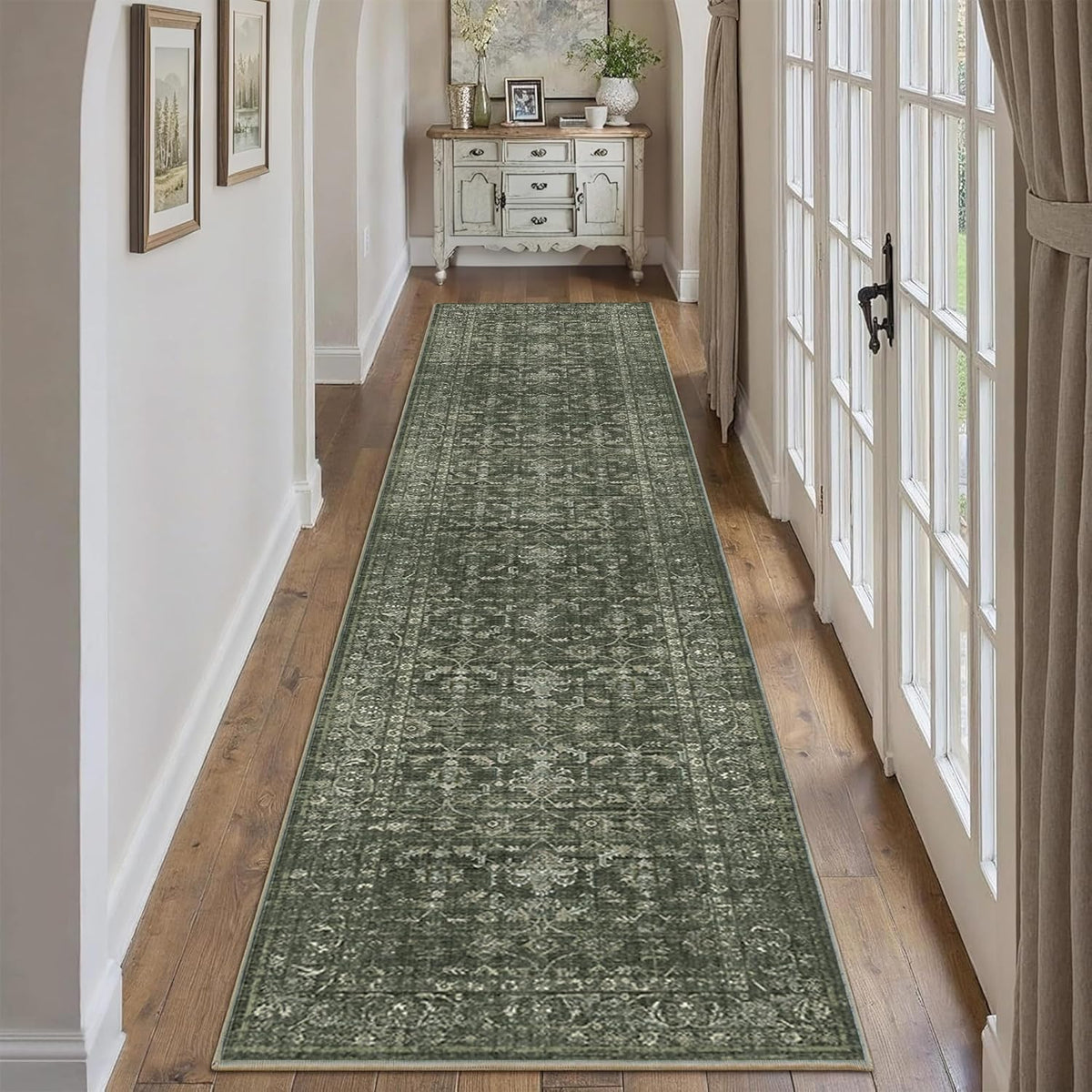 Hallway Washable Runner Rug Vintage Green Boho Extra Long Runners