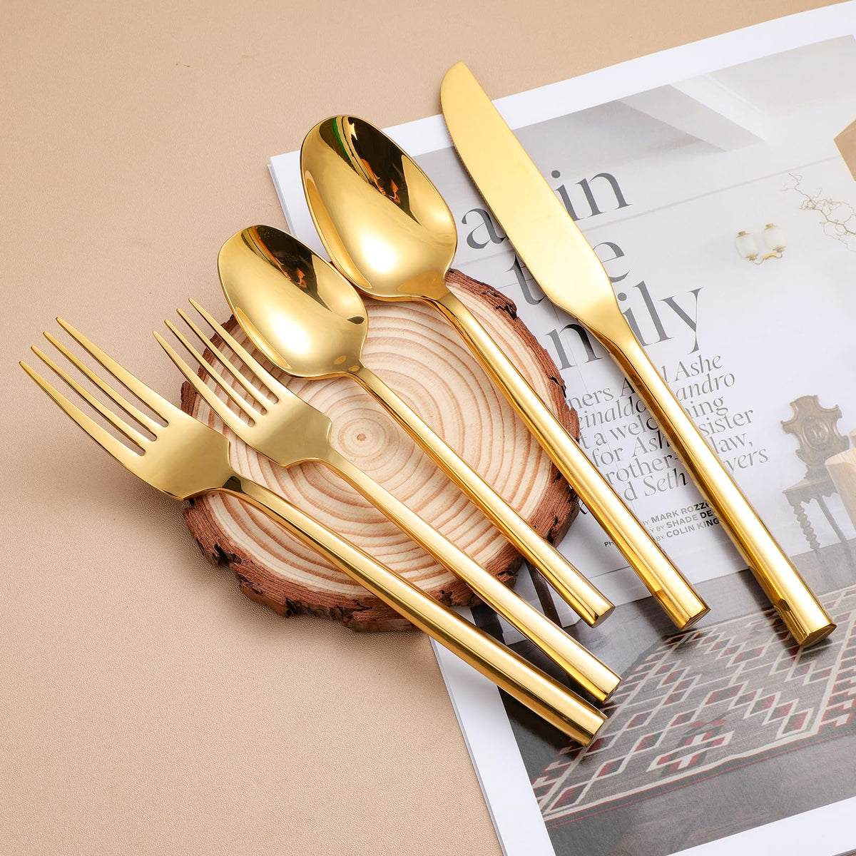 Mirror Silverware Set Gold Flatware Set with Hexagon Handle 20 Pieces 18/0 Stainless Steel Cutlery Set Wedding