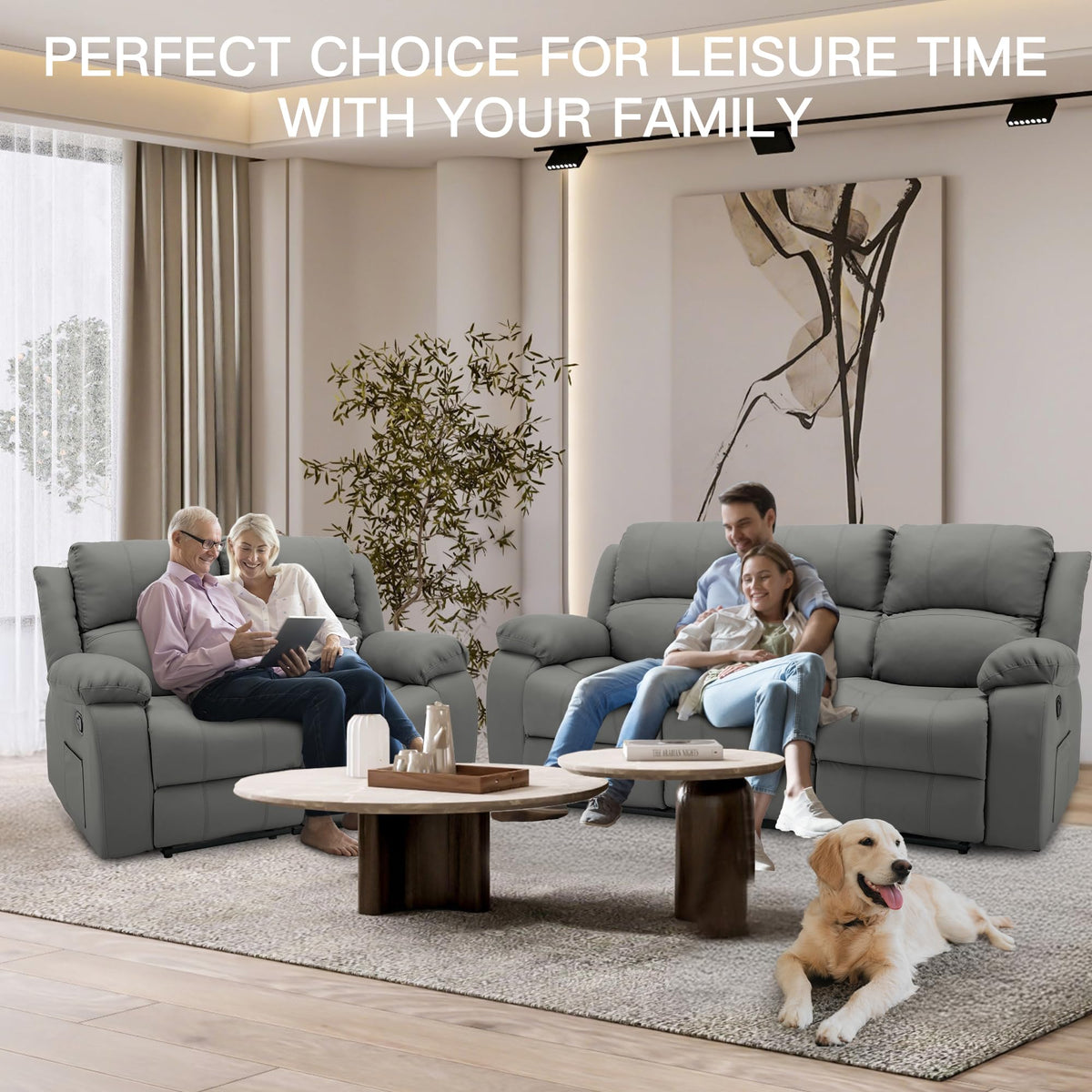 Reclining Couch Sofa Set Anti-Scratch Leather Recliner Sofa Beige