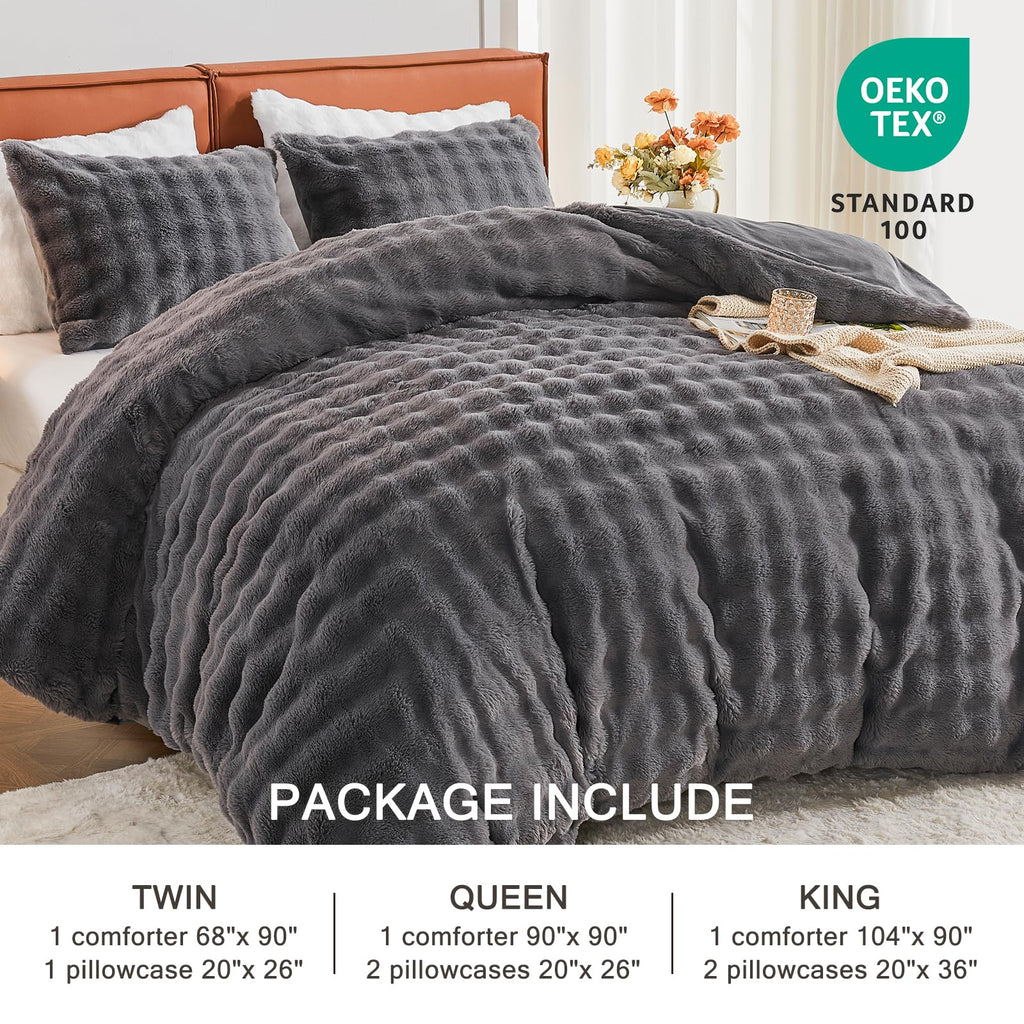 Fluffly Faux Rabbit Fur Bubble Comforter Set, Dark Grey