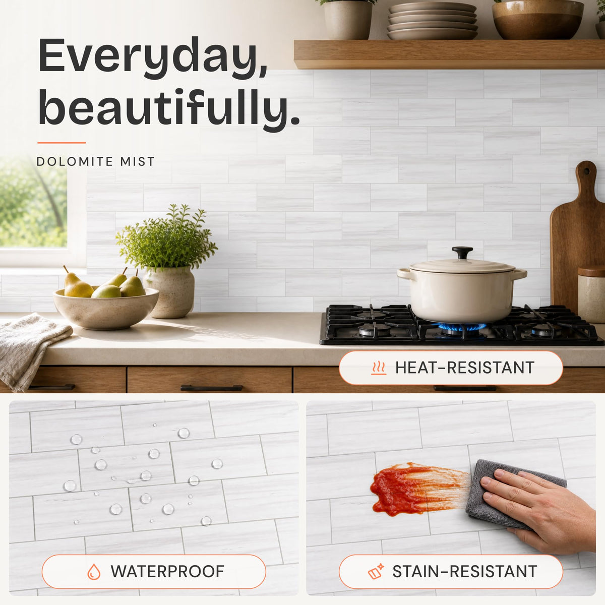 100 Pieces Peel and Stick Backsplash , 3" x 6" PVC Subway Tile 2026 Upgraded Dolomite Mist Backsplash Stick on Tile