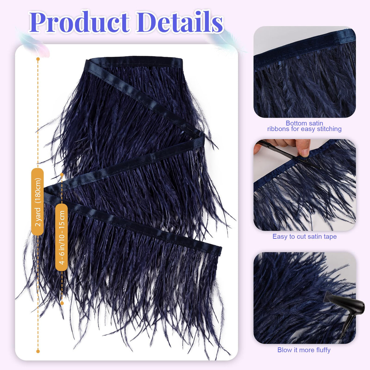 Navy Ostrich Feathers Trim Sewing Fringe 2Yard 4-6inch for DIY Dress Sewing Craft Clothing Latin Wedding Dress