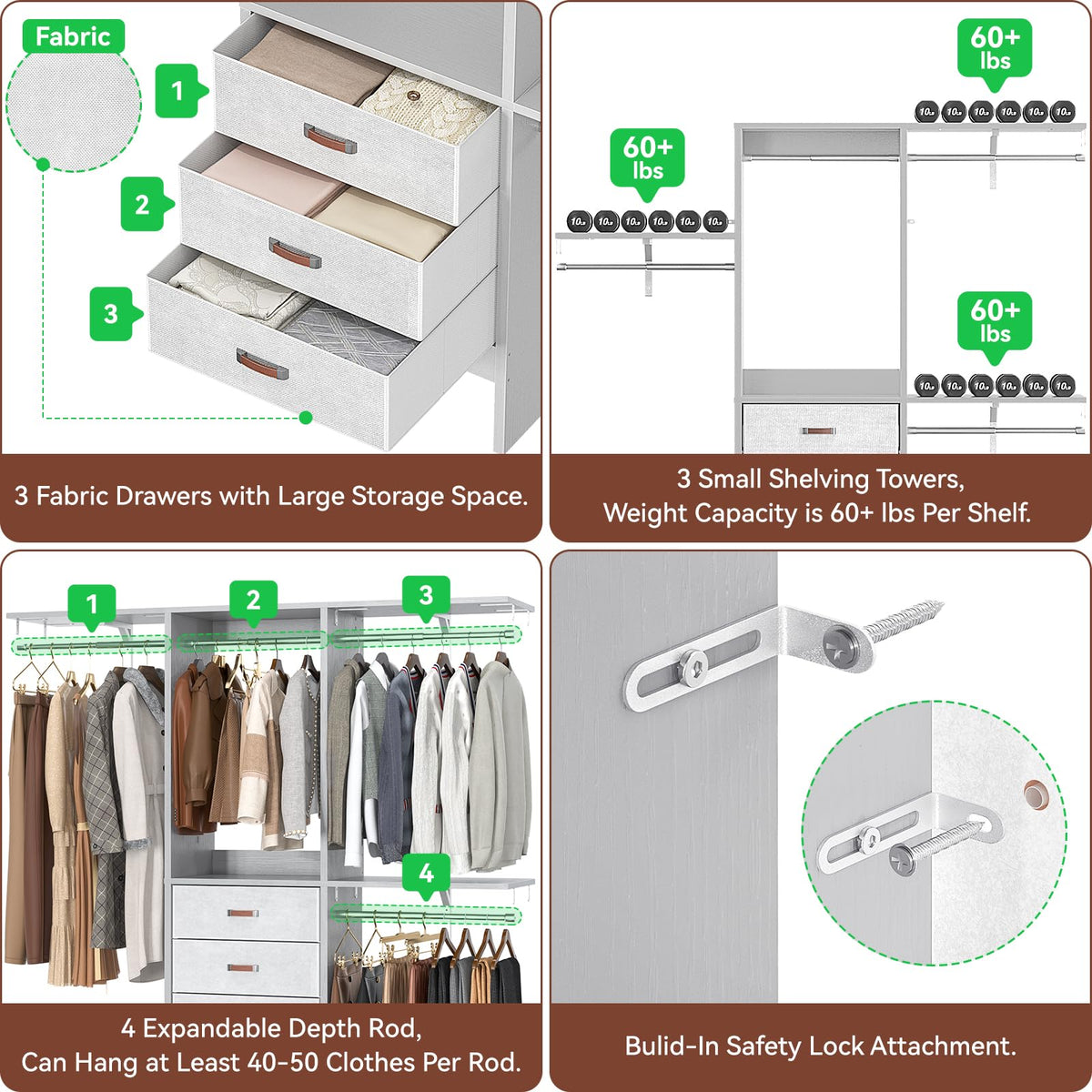 5FT Small Closet System with 3 Fabric Drawers, 60 Inches Walk In Closet Organizer System With 3 Adjustable Shelves