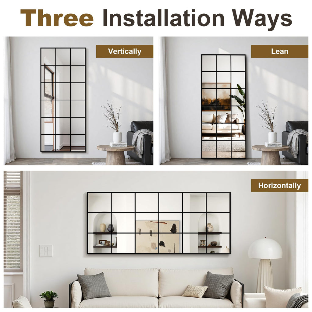 Full Length Mirror Window Pane, 30" x 70" Large Decorative Mirror, Black