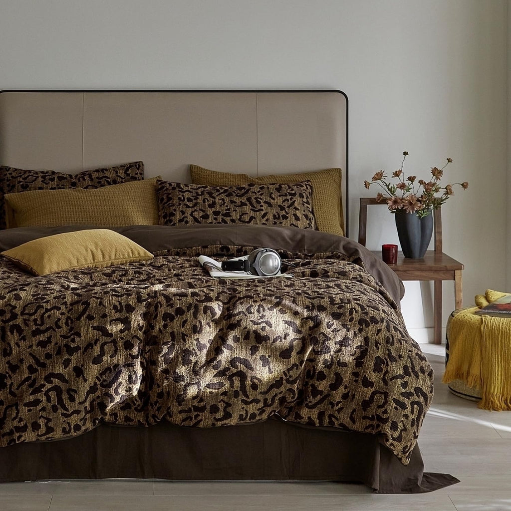 Leopard Print Duvet Cover Queen Golden and Brown Floral Bedding Set Animal Cheetah Jacquard Pattern Muslin Yarn-Dyed